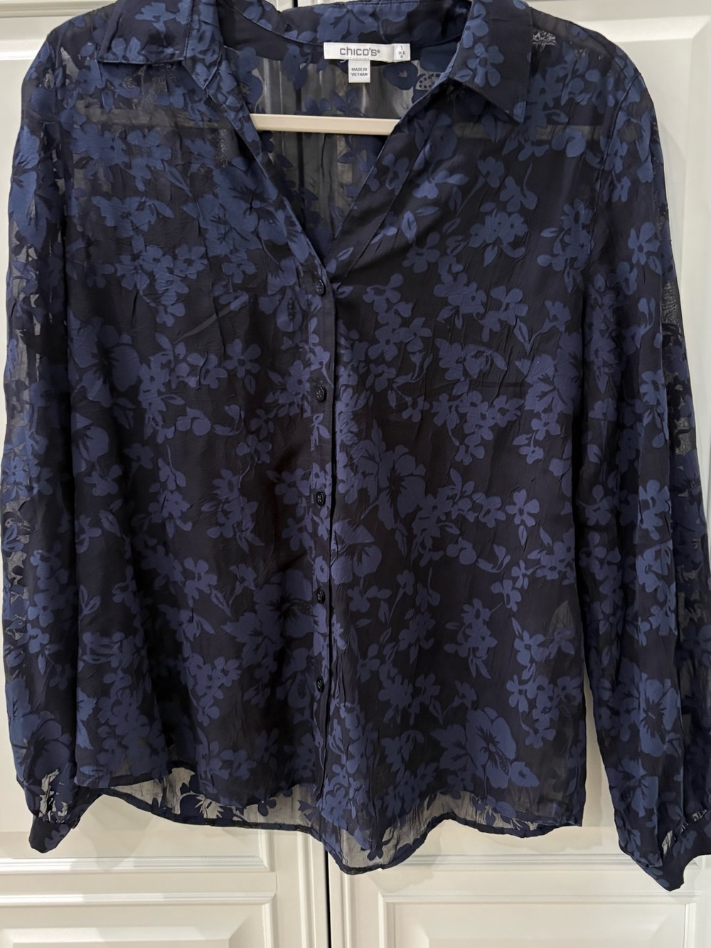 Chico's Navy Blue burnout Floral Sheer Button-Down Shirt